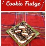Pin Image: Text, a plate piled high with candy cane cookie fudge squares
