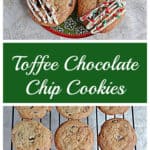 Pin Image: A plate with three cookies on it drizzled with white chocolate and sprinkles, text, a cooling rack topped with chocolate chip cookies.