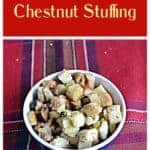 Pin Image: Text, a bowl of apple and chestnut stuffing.