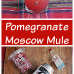 Pin Image: A Pomegranate Moscow Mule in a glass with ice, a straw, and a wedge of lime, text, a board with a bottle of lime juice, a bottle of pomegranate juice, a can of ginger beer, a bottle of vodka, and a container of pomegranate arils.