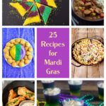 Pin Image: Yellow, purple, and green sugar toast, a skillet with jambalaya in it, a pan of shrimp, text, a sweet Mardi Gras cheese ball with cookies, a plate of shrimp egg rolls, and Mardi Gras Jell-O shots.
