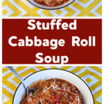 Pin Image: A bowl of stuffed cabbage soup, Text title, A bowl of stuffed cabbage soup with a spoon in it.