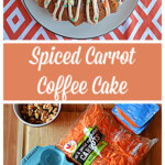 Pin Image: A Carrot Bundt Cake with a Brown Butter Drizzle on top, Text Title, a cutting board with 3 eggs, a box of carrot cake mix, a cup of craisins, a bag of shredded carrots, and a bowl of nuts on it.