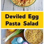 Pin Image: A bowl of Deviled Egg Macaoni Salad with paprika on top, text title, a cutting board with a lemon, a bowl of macaroni noodle, 4 hard boiled eggs, a bowl of mustard, a bowl of mayonnaise, a bottle of hot sauce, and a bunch of green onions on it.