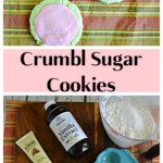 Pin Image: Four cookies with pink icing with one having a bite out of it, text title, a cutting board with a cup of sugar, an egg, a stick of butter, a bottle of vanilla extract, a cup of sugar, and a tube of almond extract on it.