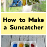 Pin Image: A DIY butterfly suncatcher painted and hanging in a window, text title, an egg container filled with paints.