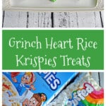 Pin Image: Three green heart shaped Rice Krispies Treats with a red heart in the middle, text, a box of Rice Krispies, a bag of marshmallows, a bag of candy melts, and butter.