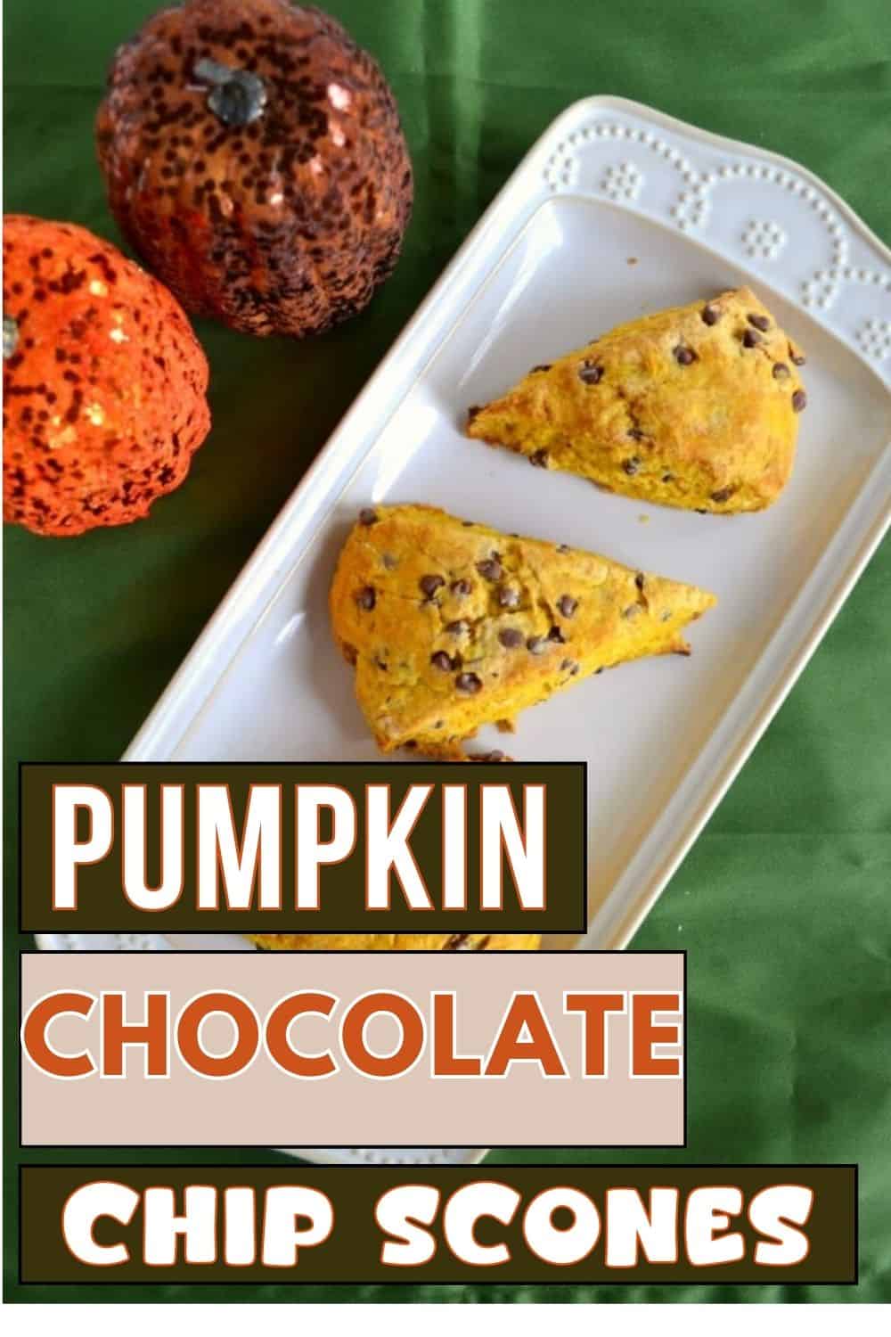 Pin Image:   A platter of pumpkin scones with 2 pumpkins behind them, text title.