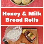 Pin Image: A round pan with 8 golden brown rolls in it, text title, a shot of the ingredients.