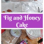 Pin Image: Front view of a cake on a cake stand with frosting, figs, and pecans on top, text title, ingredients for the cake on a cutting board.