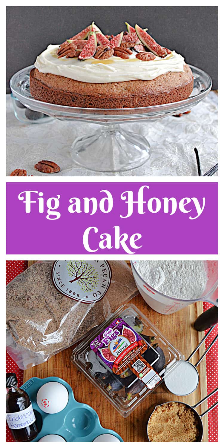 Pin Image:  Front view of a cake on a cake stand with frosting, figs, and pecans on top, text title, ingredients for the cake on a cutting board. 