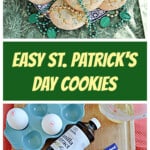 Pin Image: A plate of St. Patrick's Day cookies with green and gold beads on the plate, text title, a board with the ingredients on it.