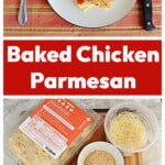 Pin Image: A plate of chicken parmesan over top of noodles, text title, a cutting board with all the ingredients needed to make Chicken Parmesan.