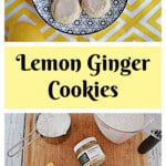 Pin Image: A plate of lemon cookies, text title, a cutting board with the ingredients to make the cookies.