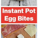 Pin Image: A plate of egg bites, text title, all the ingredients to make the egg bites.