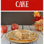 Pin Image: Text title, a slice of apple pie cake on a plate with apples in the background.