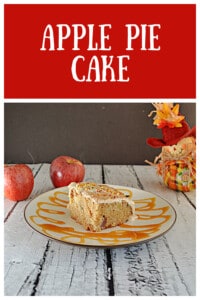 Pin Image: Text title, a slice of apple pie cake on a plate with apples in the background.