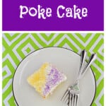 Pin Image: Text title, a plate with a slice of cake and 2 forks on it.
