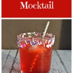 Pin Image: Text title, a glass of berry mocktail with sprinkles around the rim.