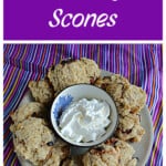 Pin Image: Text title, a plate of scones with a bowl of cream in the middle.