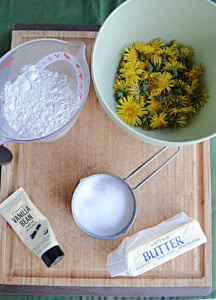Ingredients to make Dandelion Honey Shortbread Cookies.