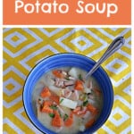 Pin Image: Text title, a bowl of Ham and Potato soup with a spoon in it.