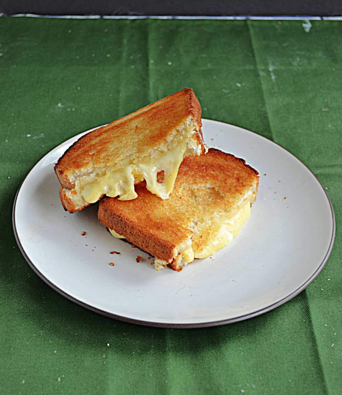 Two grilled cheese halves with the cheese melting out of it on a plate.