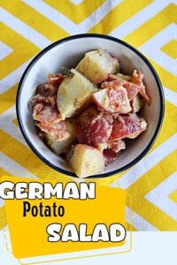 Pin Image: A bowl of German Potato Salad, text title.