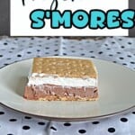 Pin Image : Text title, a plate with a Frozen S'mores bar on it.