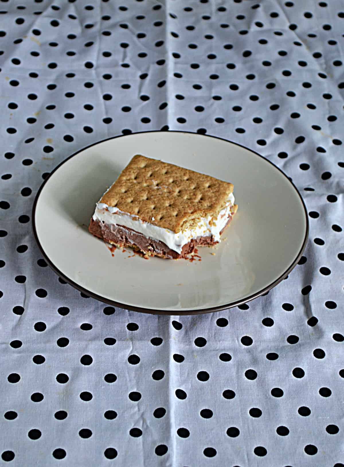 A plate with a Frozen S'mores with a bite out of it. 