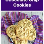 Pin Image: Text title, a plate of chocolate chip cookies.