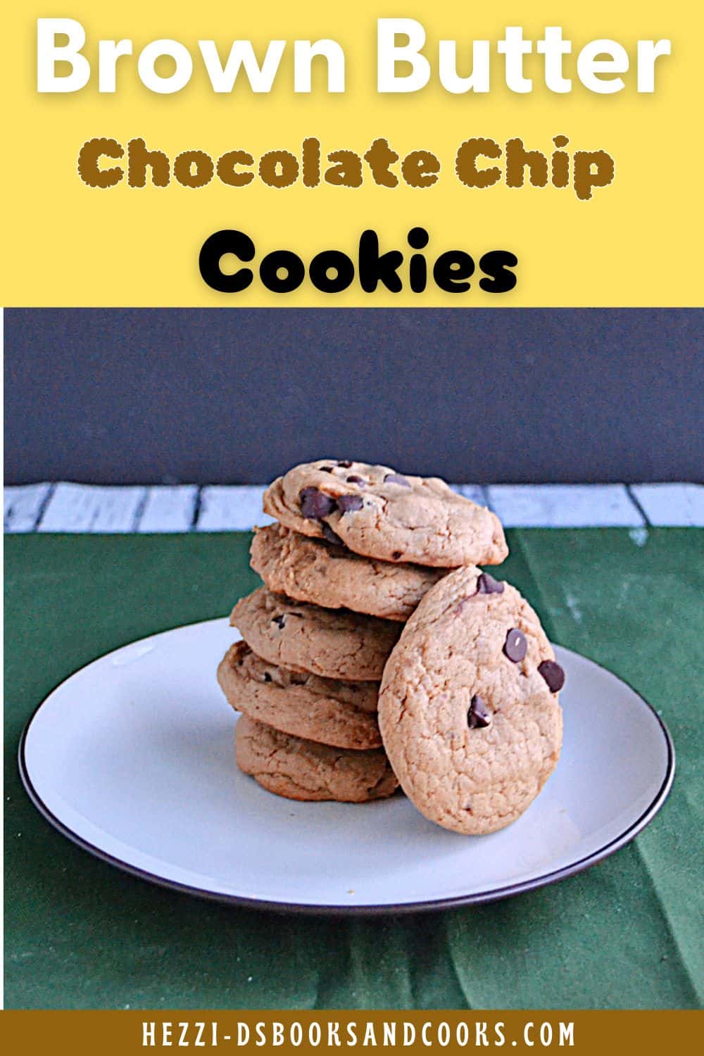 Pin Image: Text title, a stack of chocolate chip cookies.