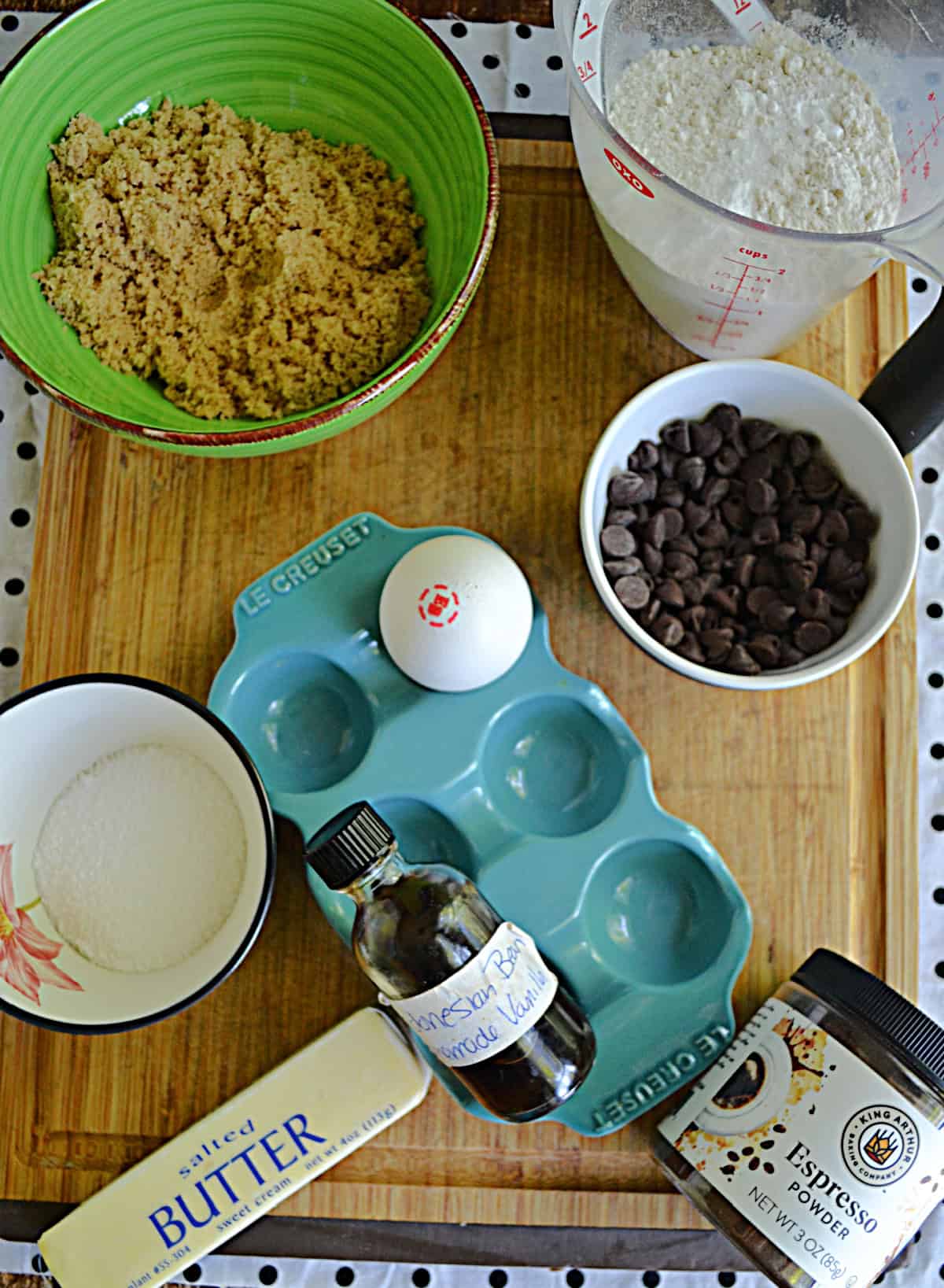 Ingredients for making Brown Butter Chocolate Chip Cookies.