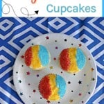 Pin Image: Text title, a plate of snow cone cupcakes with red, yellow, and blue sugar on top.