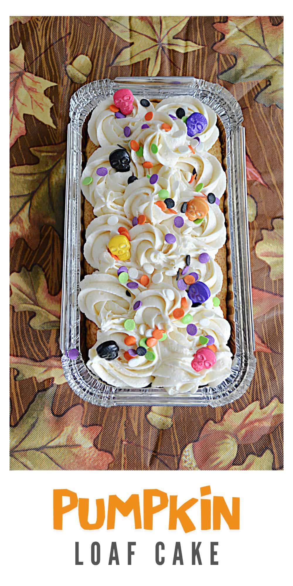 Pin Image: A loaf pan with cake and frosting, text title.