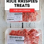 Pin Image: Text title, two trays of Red Velvet "Raw Meat" Rice Krispies Treats.