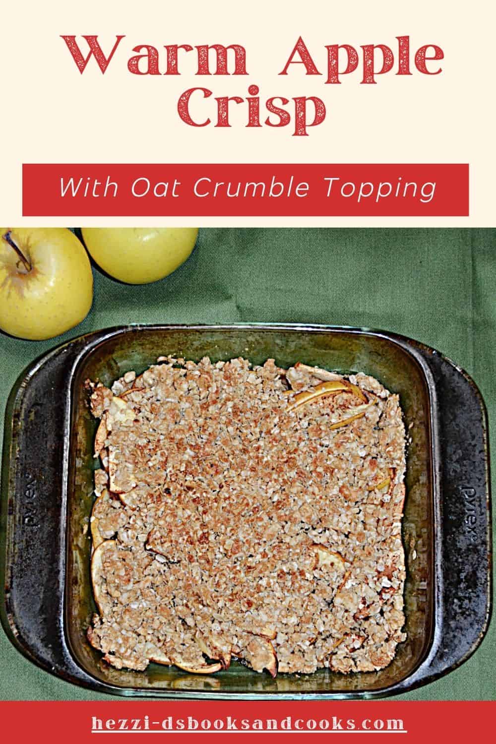 Pin Image: Text title, a pan of apple crisp.